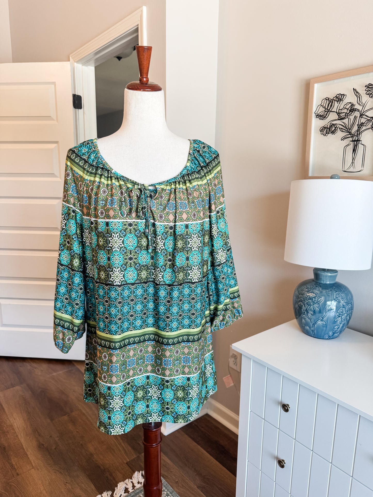 Blue Green Brown Print Top M