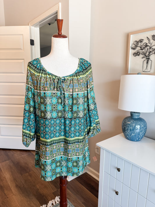 Blue Green Brown Print Top M