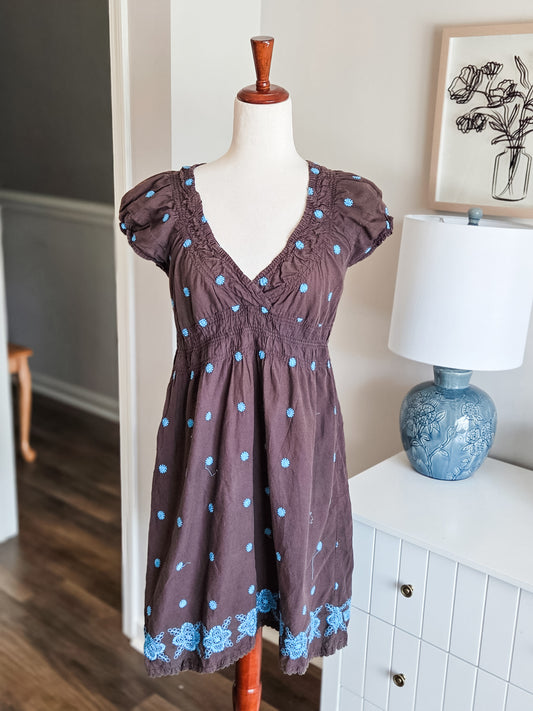 Brown Blue Embroidered Cotton Dress M