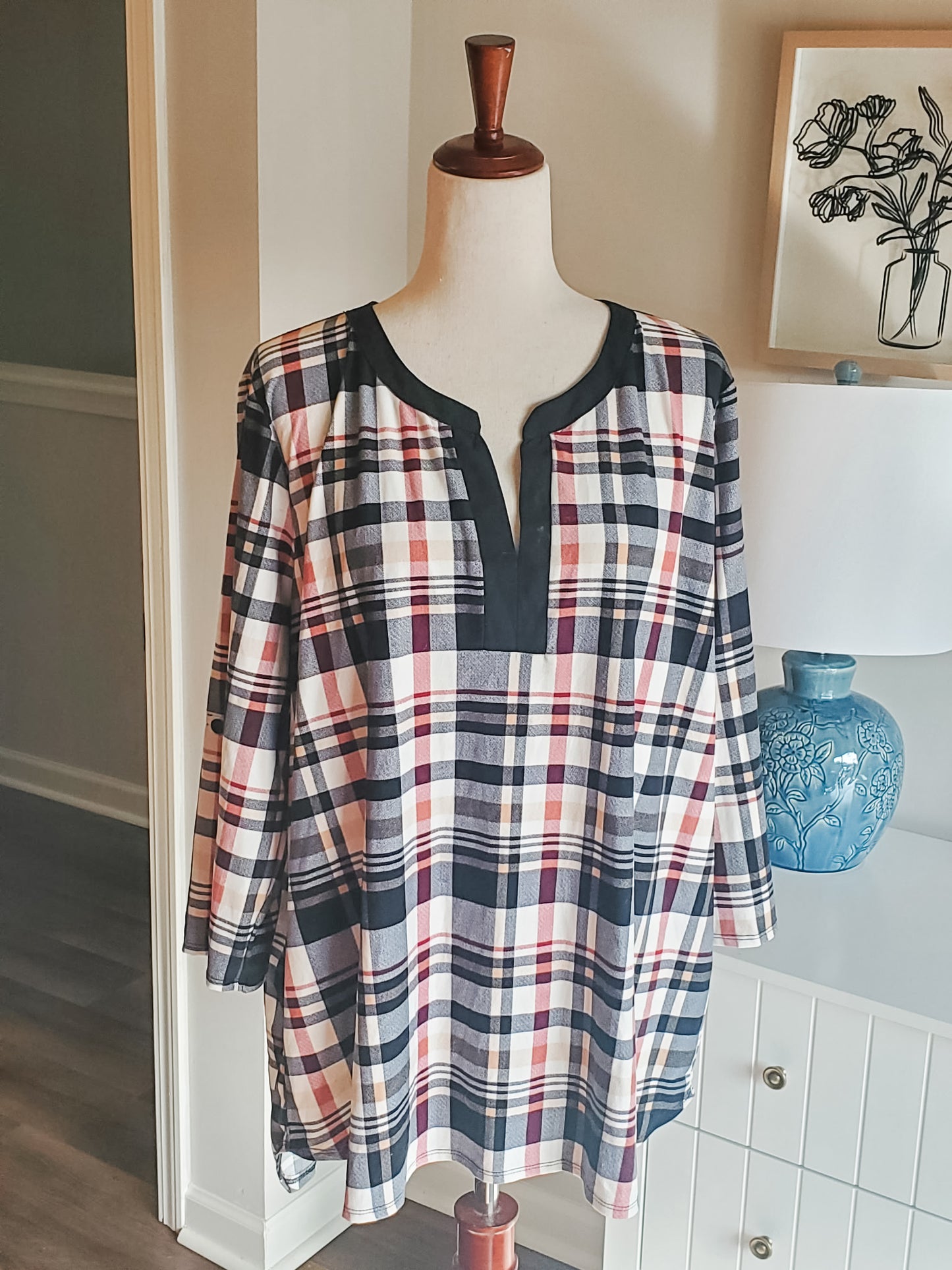 Red Black Tan Plaid Top 3X