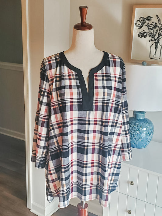 Red Black Tan Plaid Top 3X