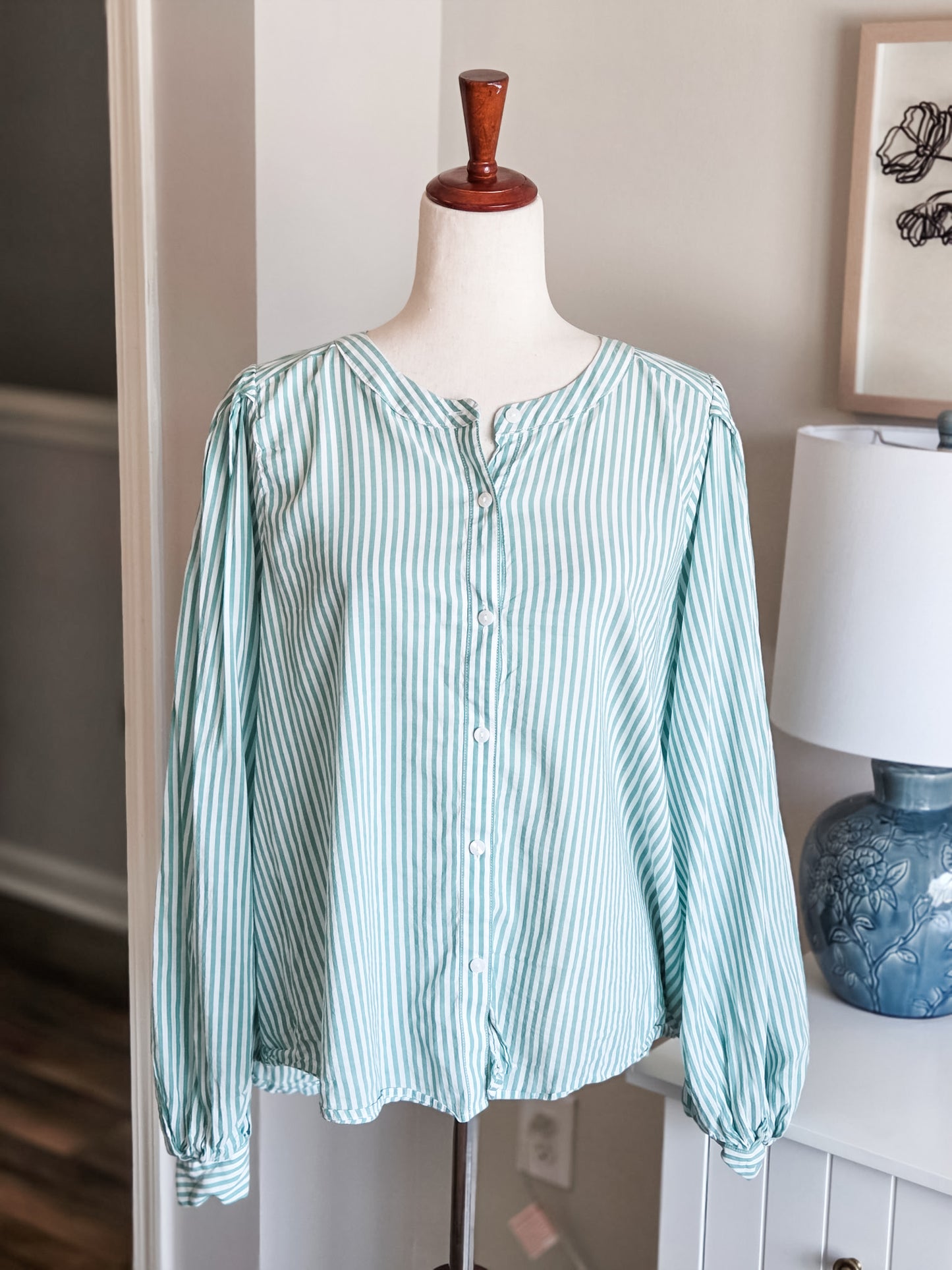 Green White Striped Button Up XL/XXL