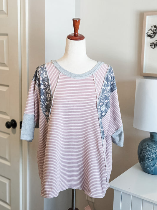Pink Gray Striped Floral Top S