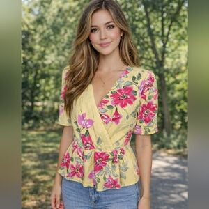 Yellow Floral V Neck Top L