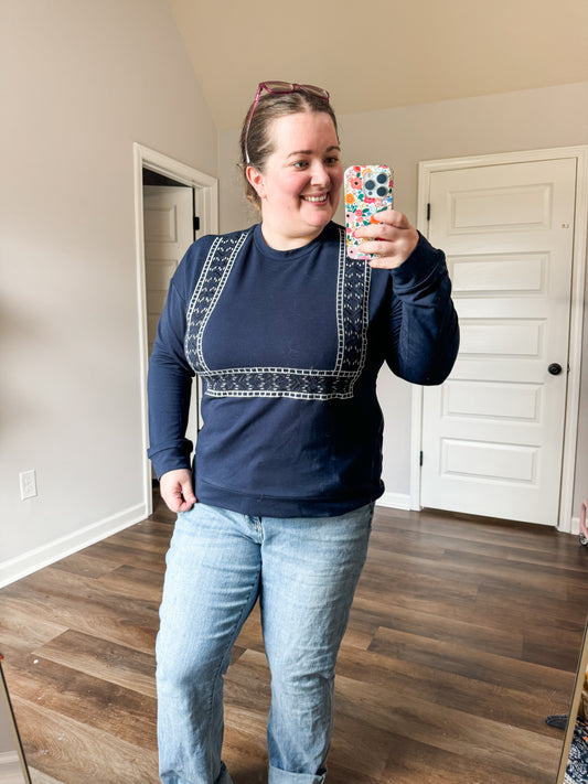 Navy Embroidered Pullover