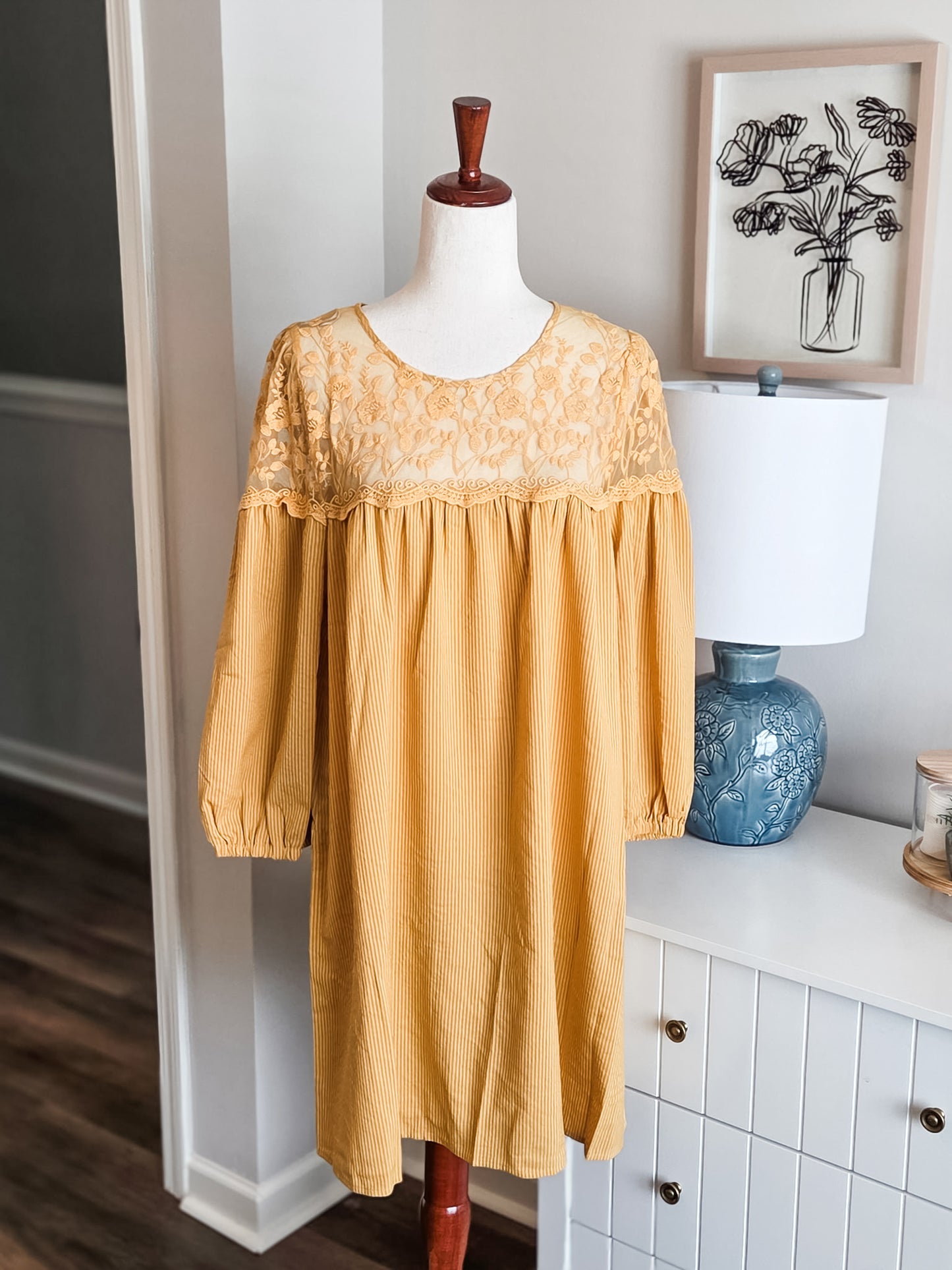 NEW Mustard Lace Yoke Mini Dress L