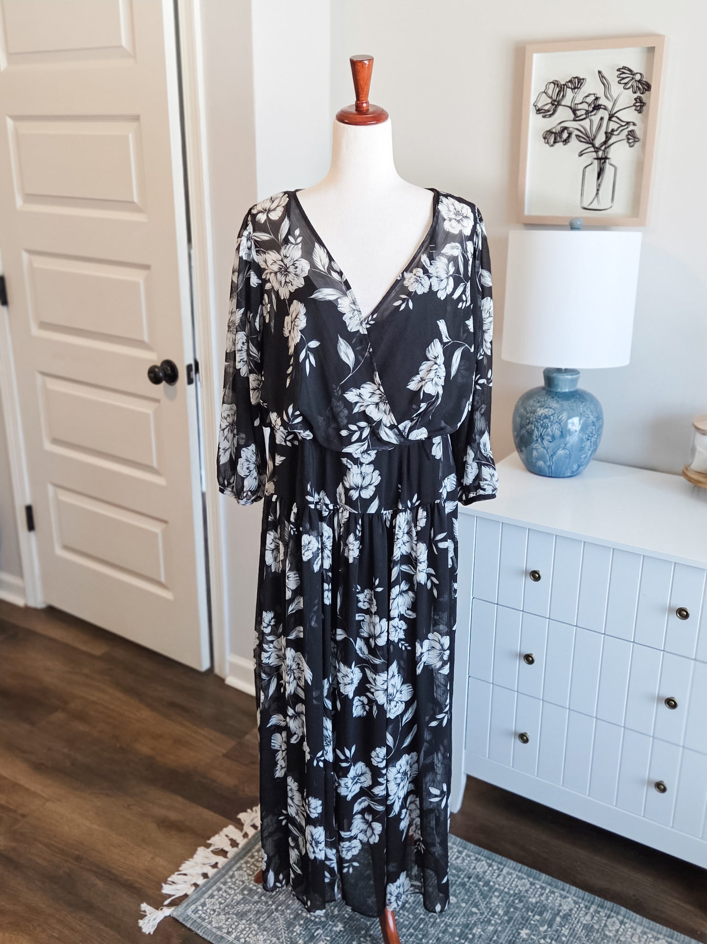 Black Gray Floral Maxi Dress 18W