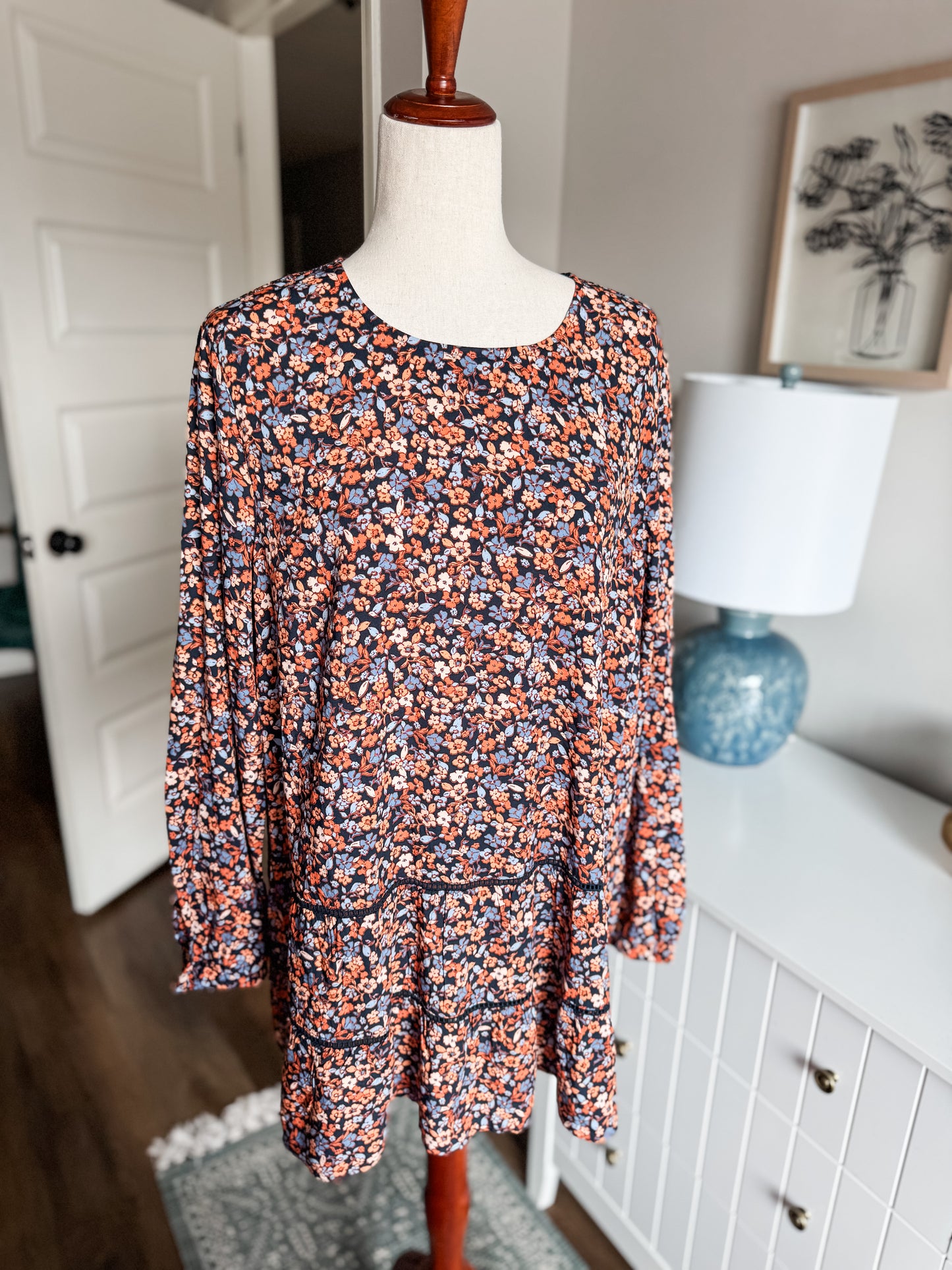 Black Orange Blue Floral Tunic L/XL