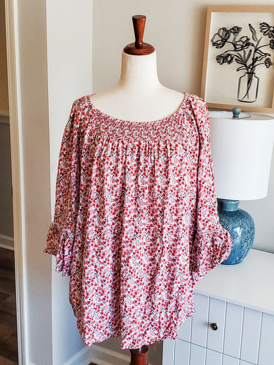 Red White Floral Smocked Top 0X