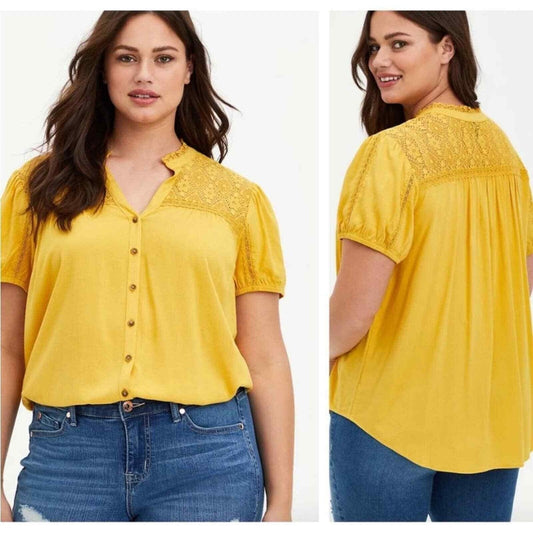 Yellow Lace Trim Button Up XL