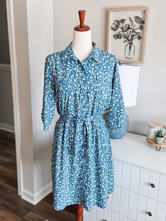 Blue Yellow Green Floral Dress L