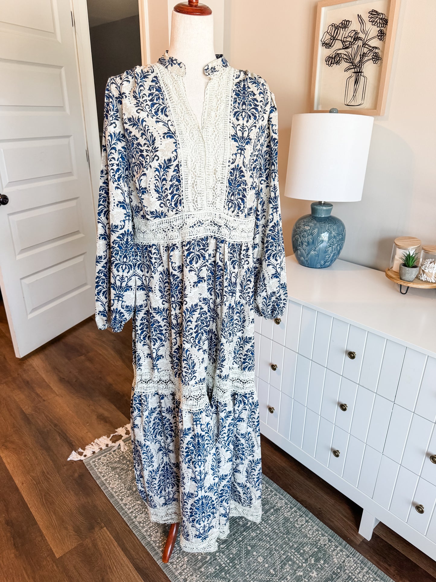 Navy Cream Print Maxi Dress L/XL