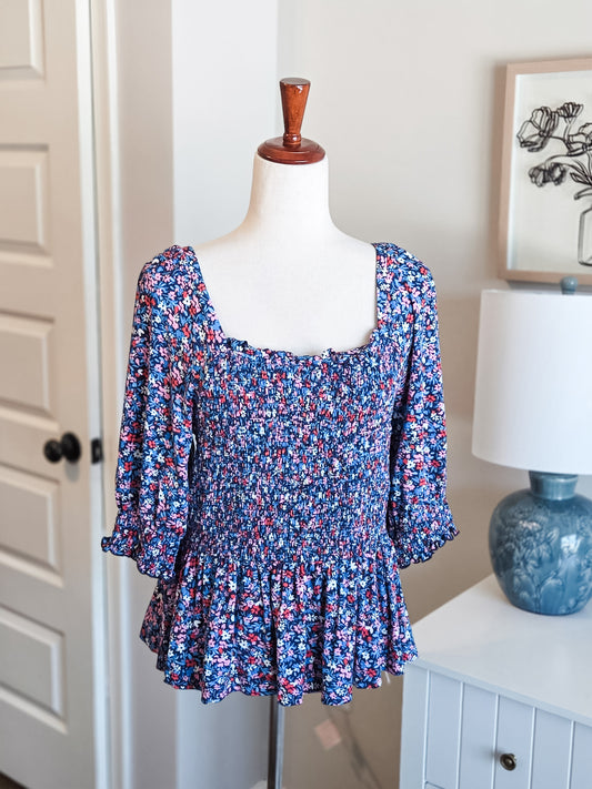 Blue Red Pink Floral Smocked Top M