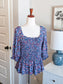 Blue Red Pink Floral Smocked Top M
