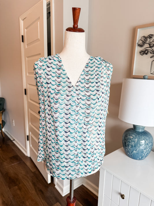Teal Gray Bird Print Top XS
