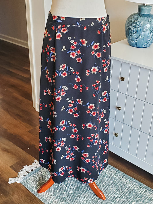 Navy Pink Floral Skirt L