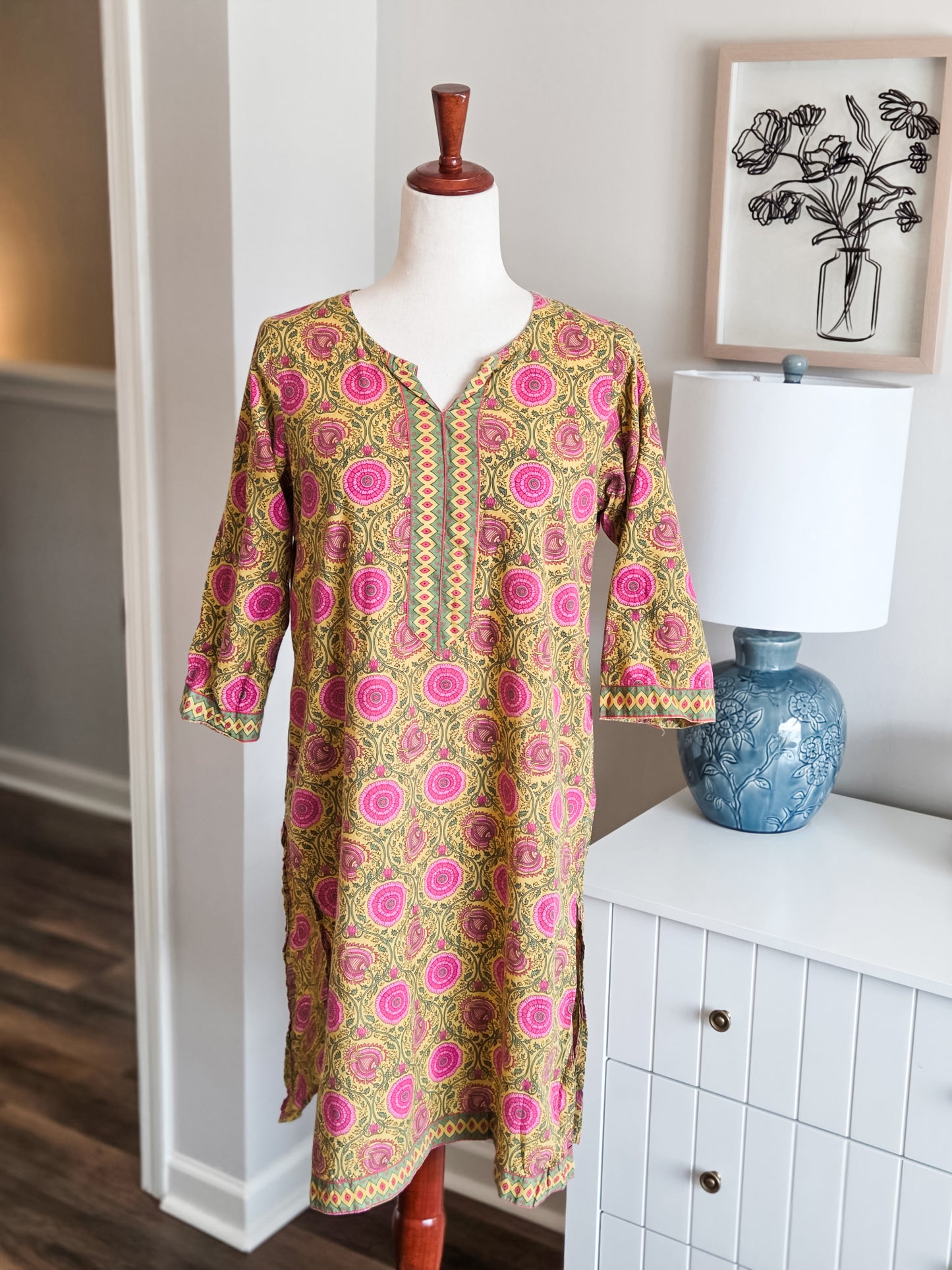Mustard Pink Green Floral Tunic M/L