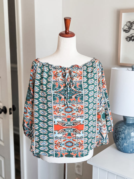 Green Blue Orange Print Top XL