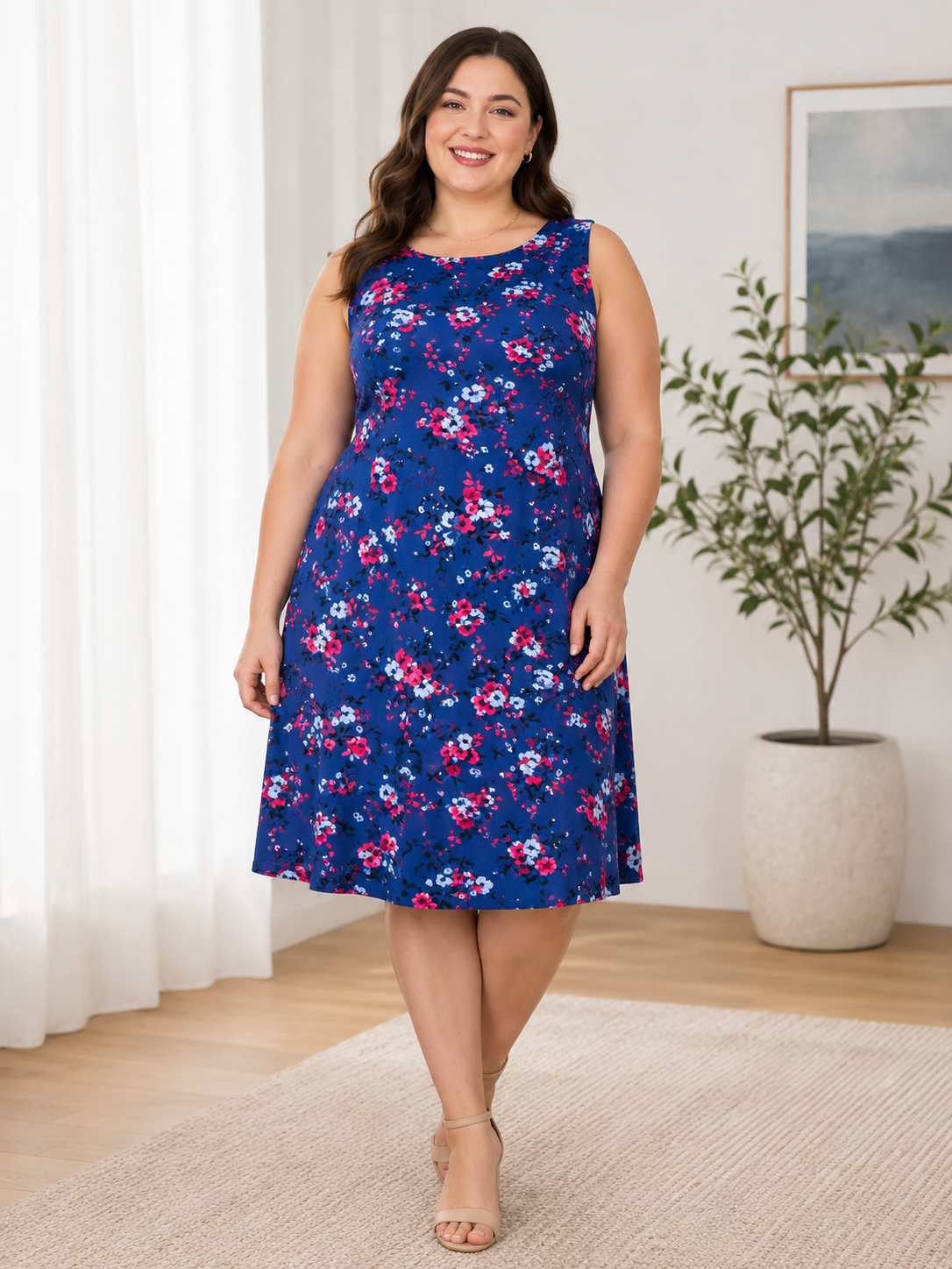 Navy Pink Floral Dress XL