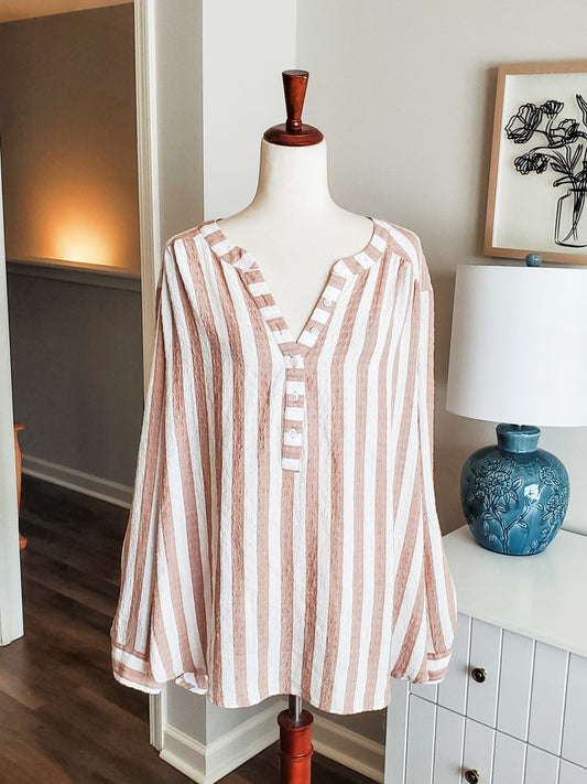 Tan White Striped Blouse 2X