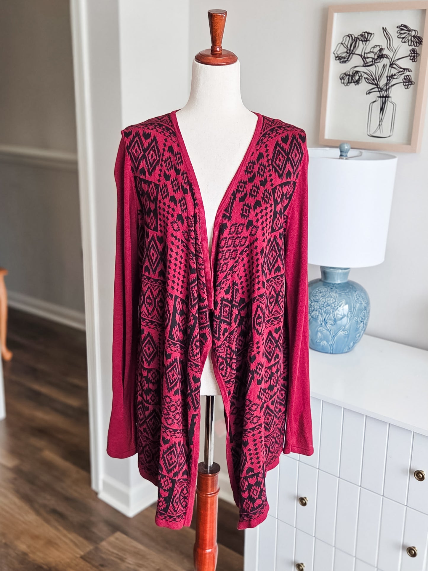 Maroon Black Aztec Print Cardigan XXL