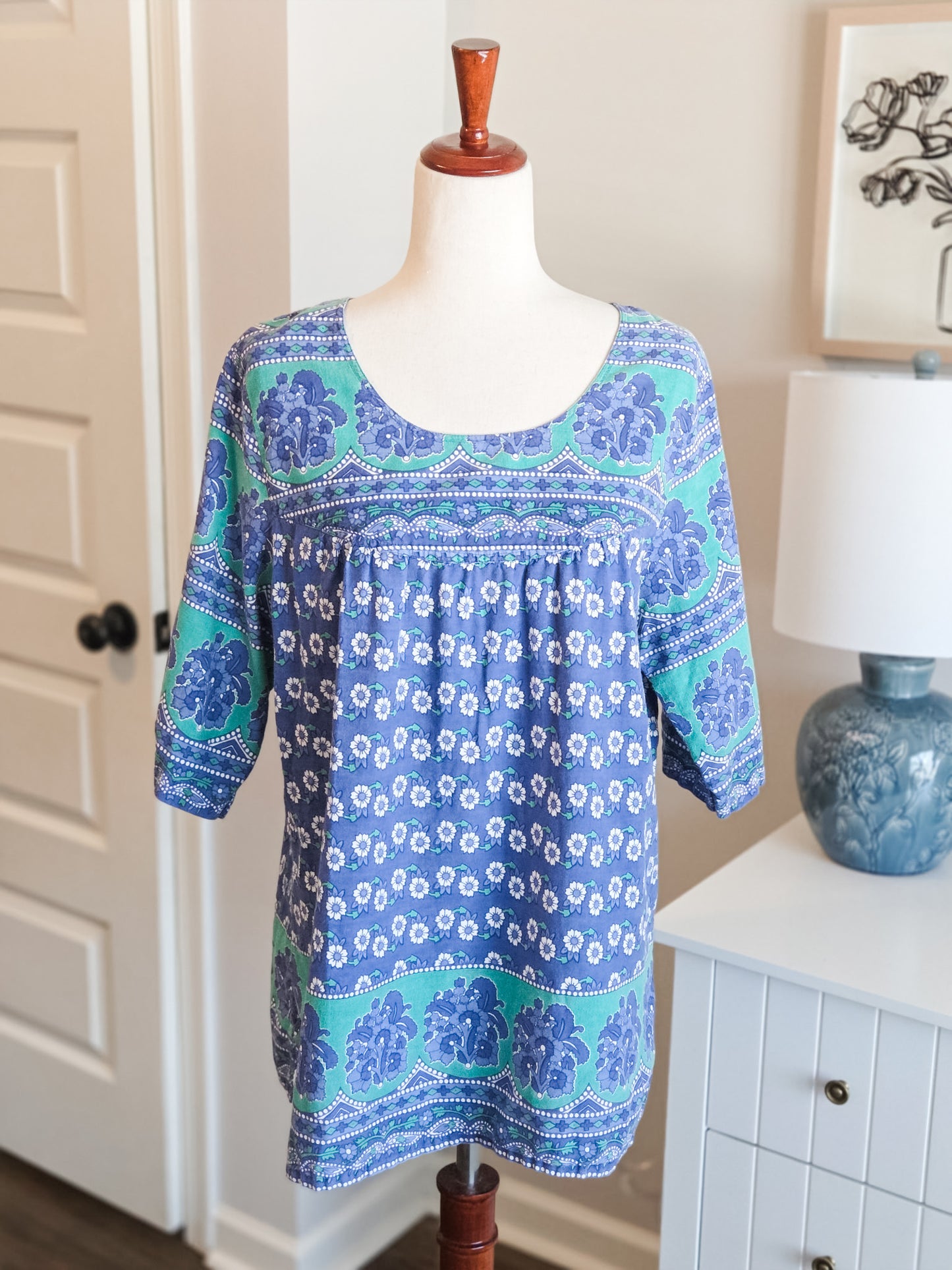 Blue Green Print Cotton Tunic XL