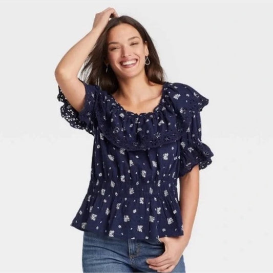 Navy White Floral Eyelet Top S