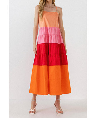 Peach Pink Red Tiered Dress S