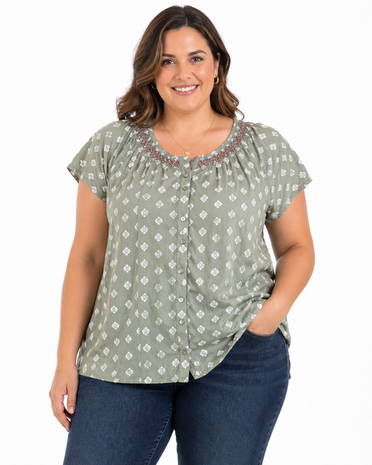 Green Floral Embroidered Button Up L