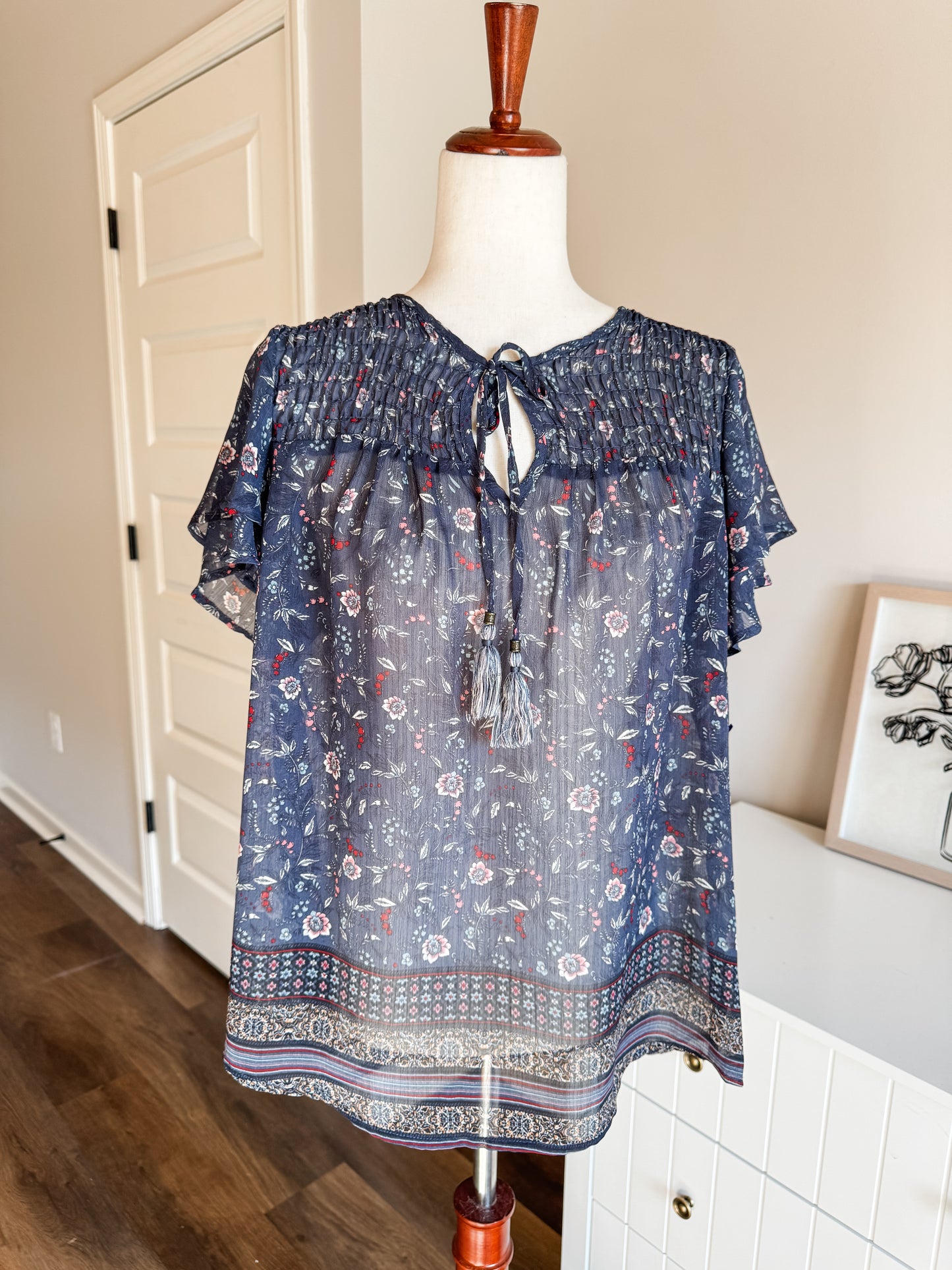 Navy Sheer Print Top XL