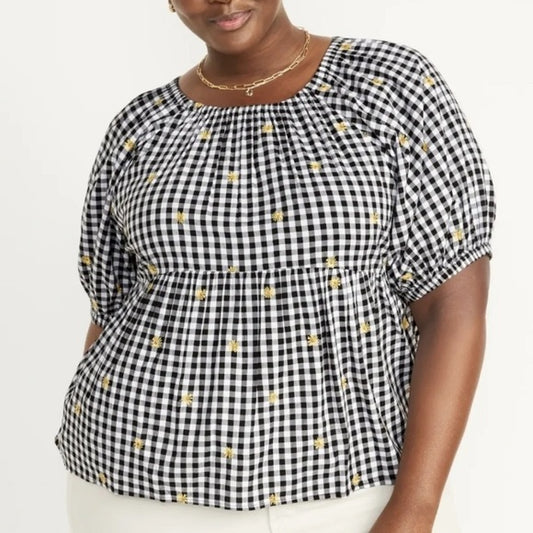 Black Gingham Embroidered Top M