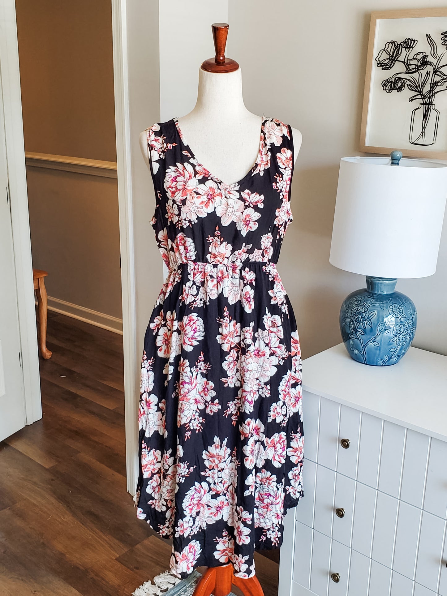 NEW Black Pink Floral Dress L