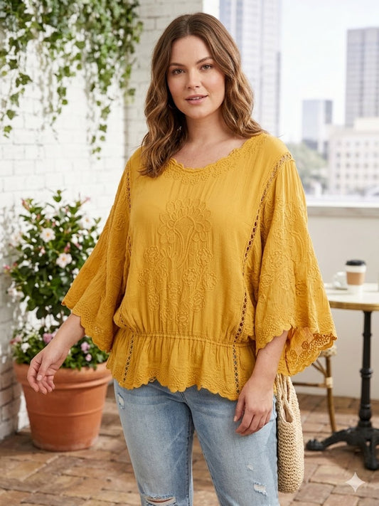 Mustard Embroidered Boho Top M