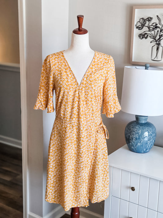 Yellow Floral Wrap Dress M