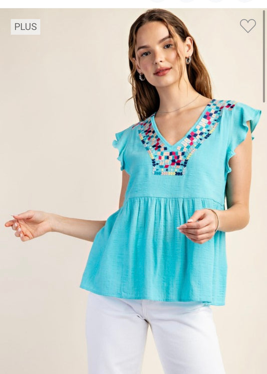 Blue Embroidered Top :: Plus