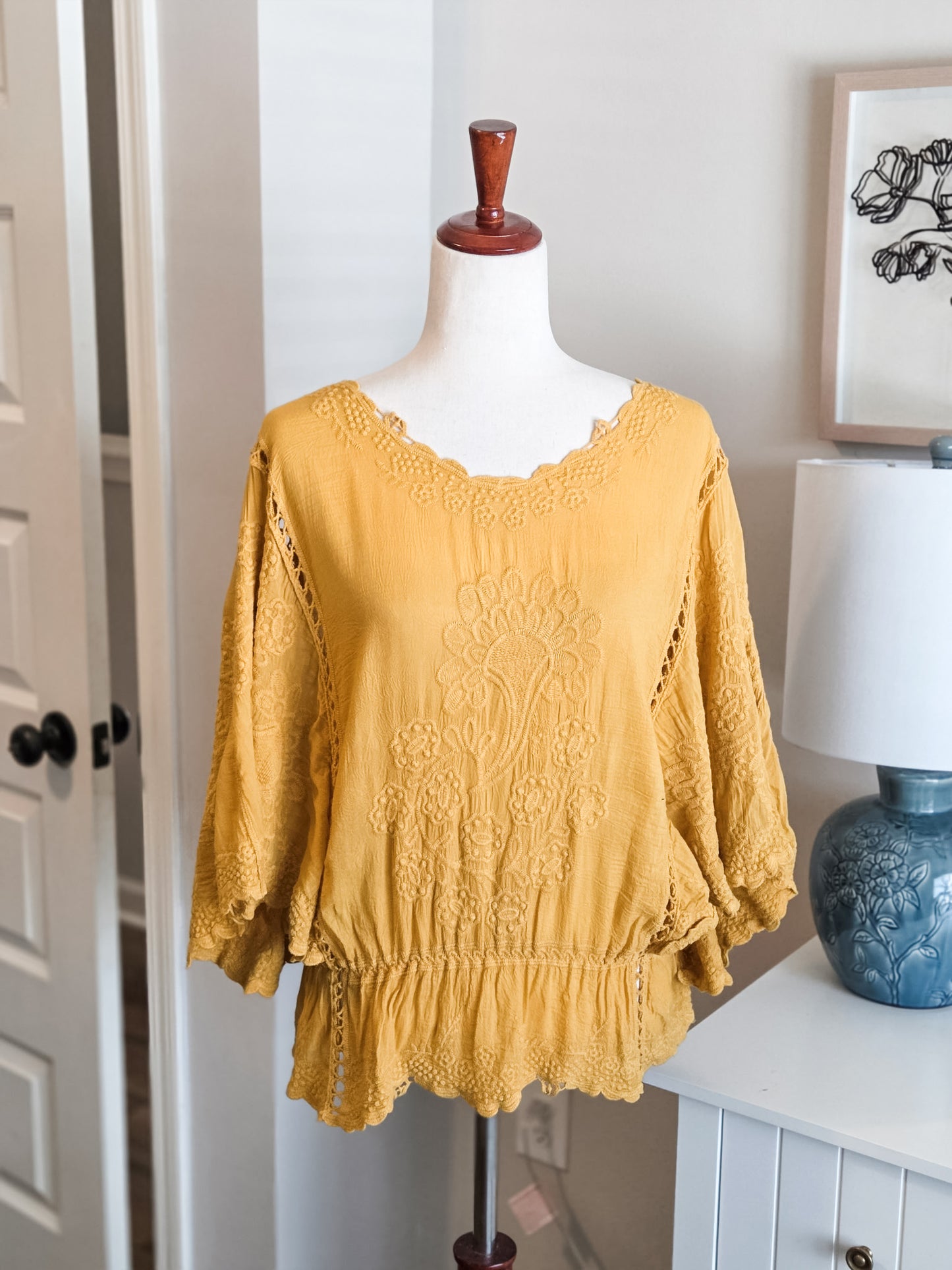 Mustard Embroidered Boho Top M