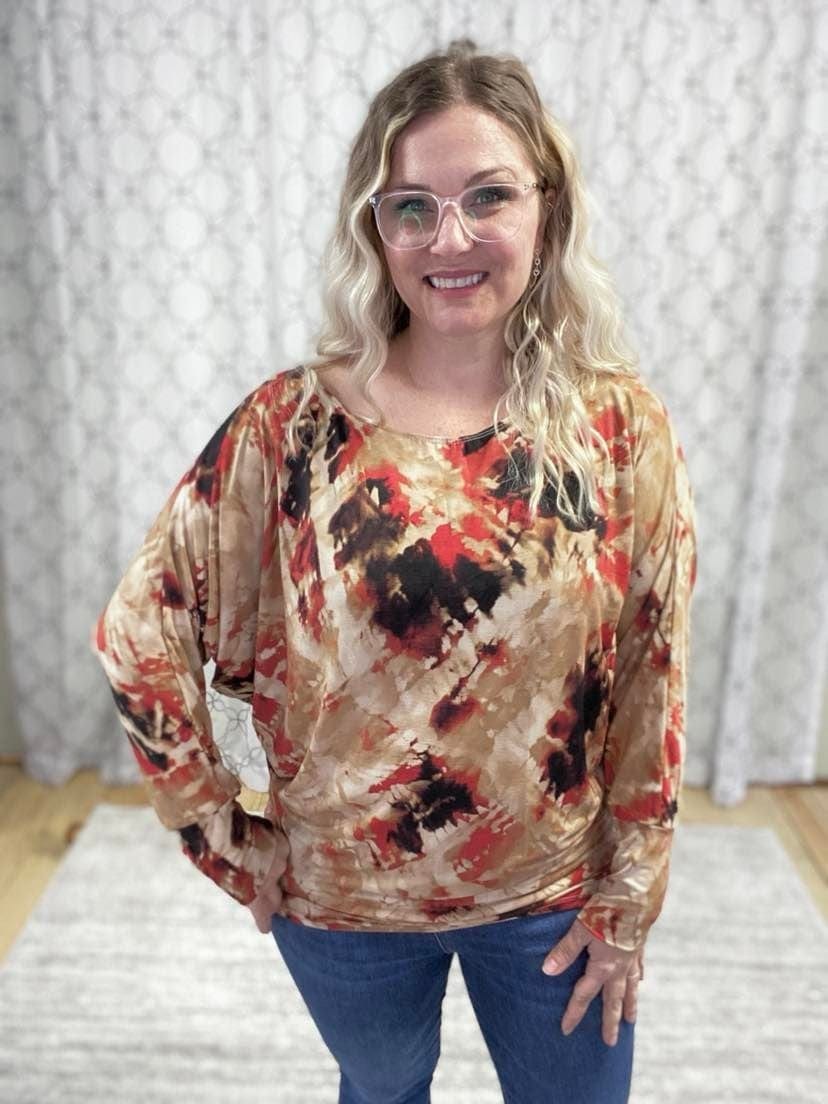 Brown Red White Print Top S