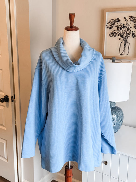 Blue Ribbed Cowl Neck Top 3X