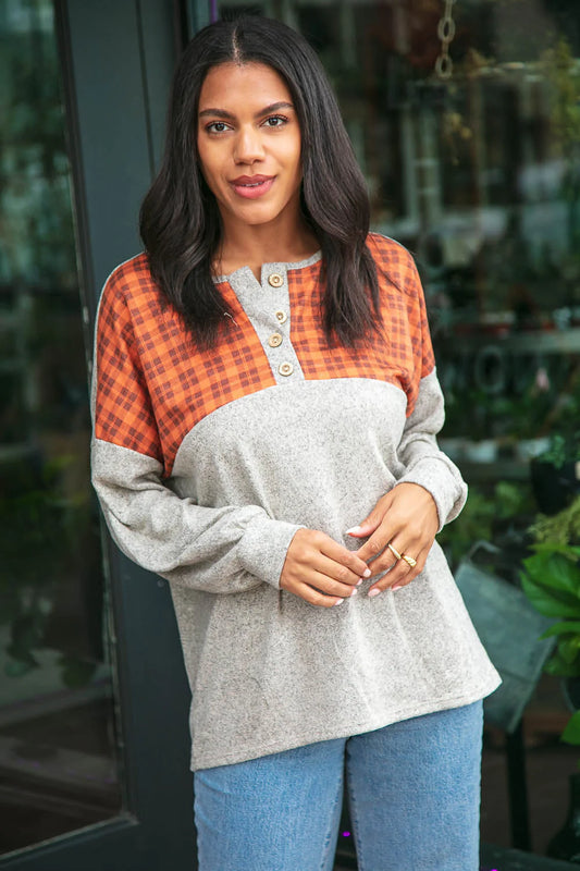 NEW Tan Orange Plaid Top M