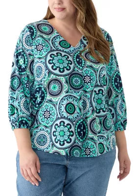 Blue Green White Print Top XL