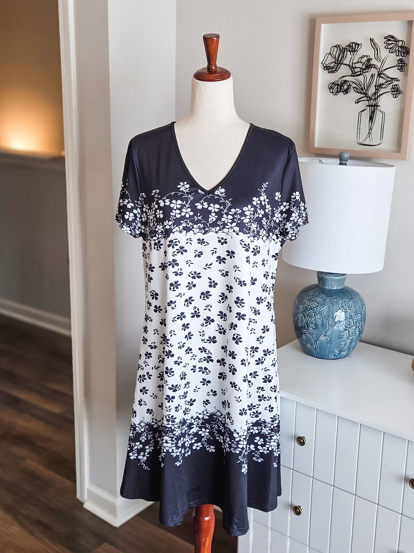 Black White Floral Dress XL