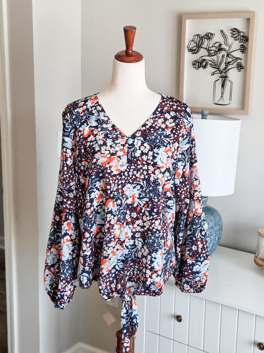 Navy Blue Orange Floral Top L