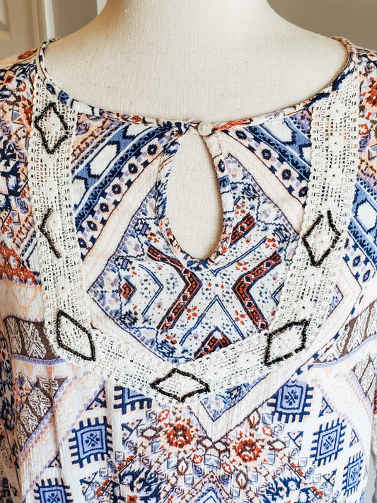Pink Rust Blue Beaded Top M