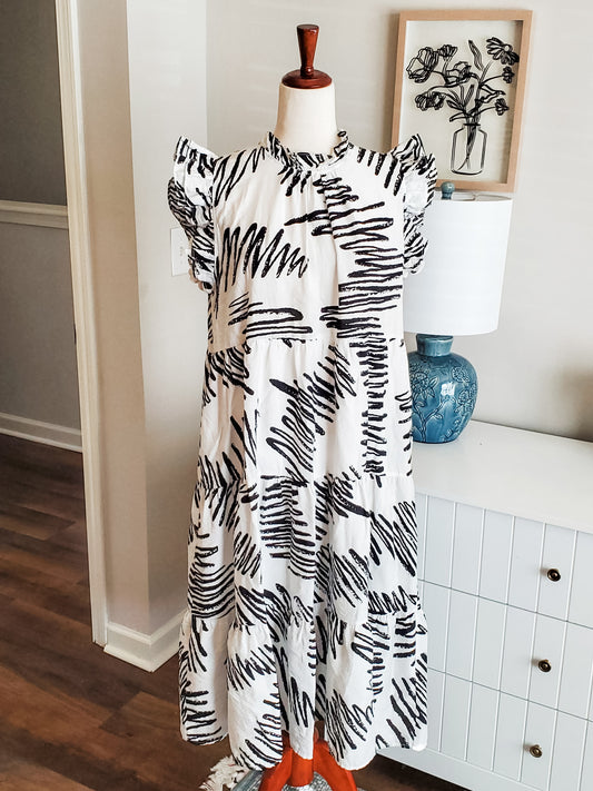 Black White Print Dress L