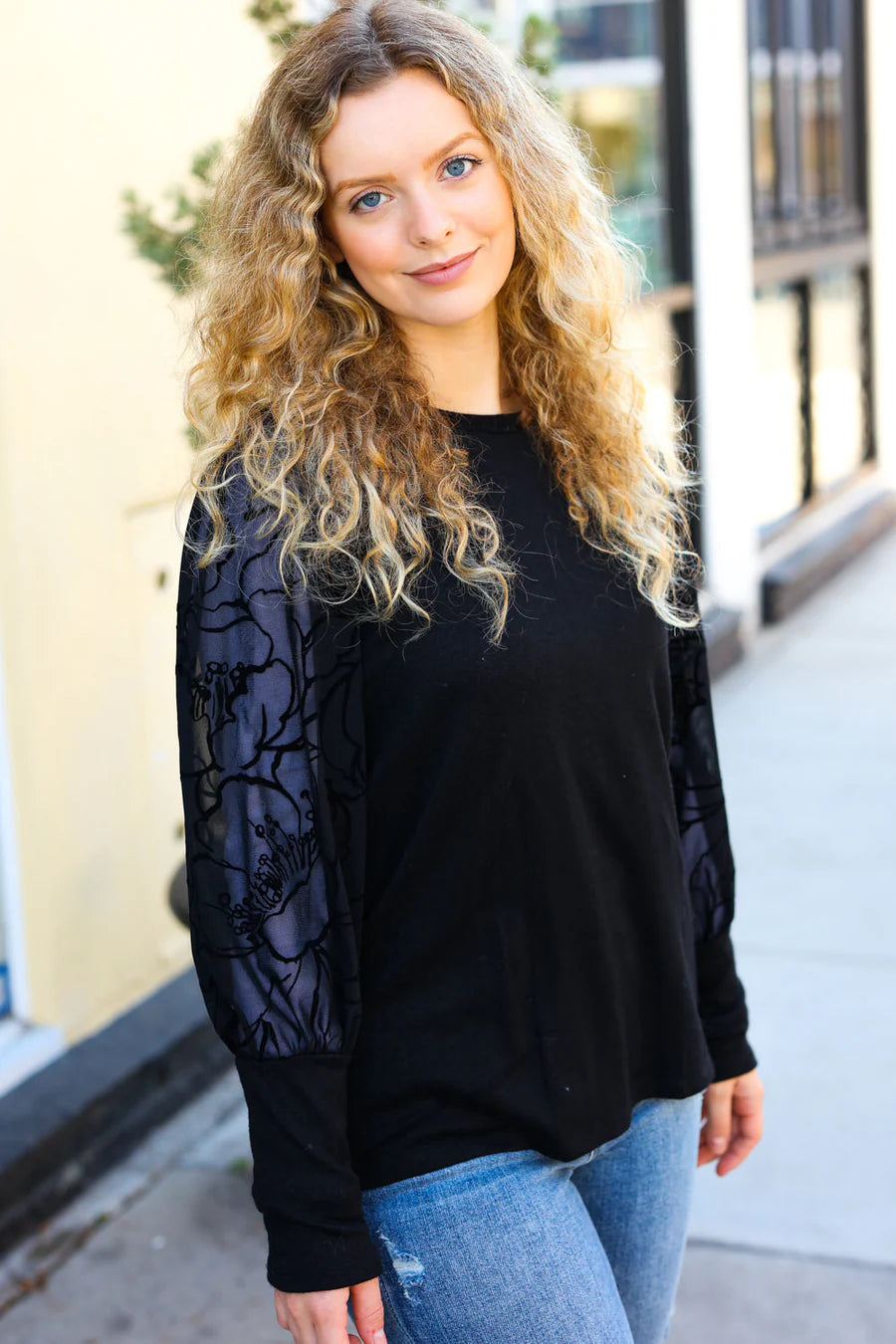 Black Floral Mesh Sleeve Top 1X