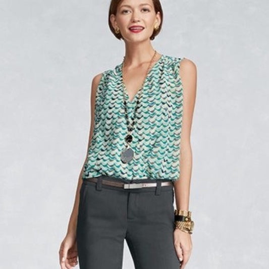 Teal Gray Bird Print Top XS