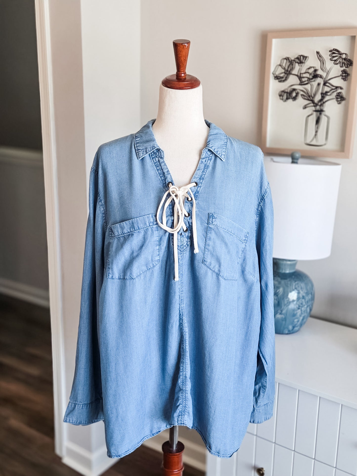 Chambray Lace Up Top XXL