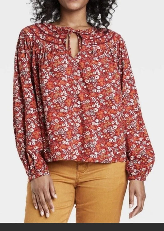 Red Orange Floral Blouse XS