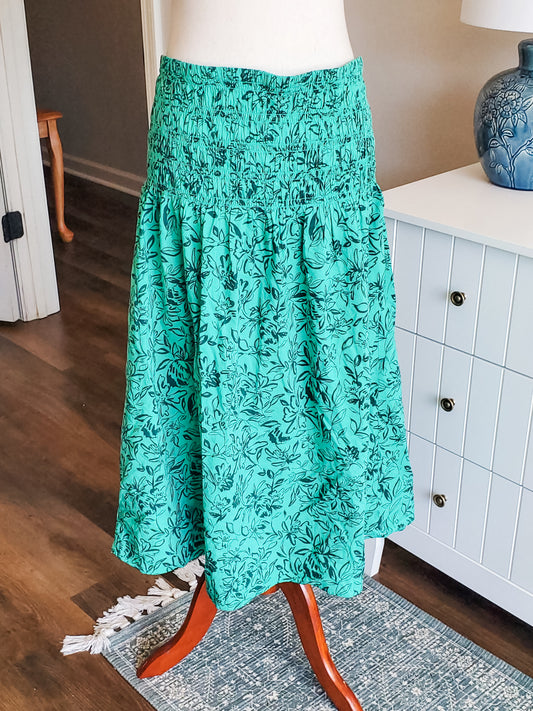 Green Smocked Floral Skirt L