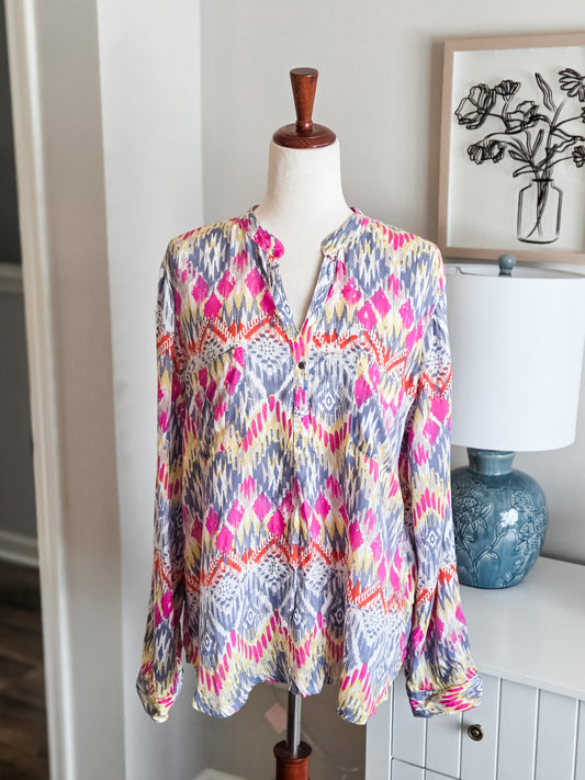Blue Pink Orange Yellow Print Top L/XL